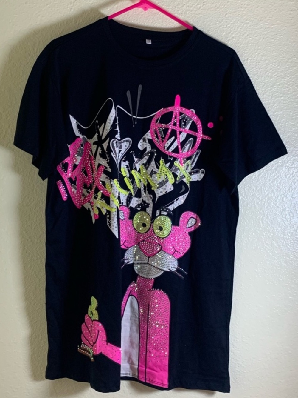 NWOT Black Tee with Pink Panther Graphic & Neon Accents, Size M